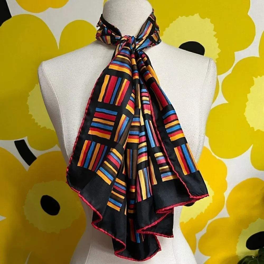 Mod Vintage 70s Primary Color Lines Geometric Hair Neck Bag Scarf